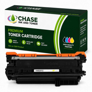 H402AYU compatible HP CE402A CE252A 507A 504A yellow toner cartridge, 7000-page yield with Chase Ink and Toner packaging.