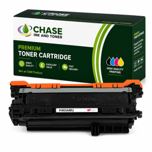 H403AMU compatible HP CE403A CE253A 507A 504A magenta toner cartridge, 7000-page yield with Chase Ink and Toner packaging.