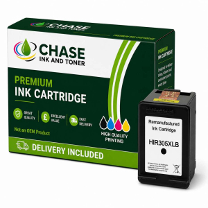 Chase Ink premium box containing remanufactured HP 305XL black ink cartridge with delivery included, suitable for HP DeskJet and HP Envy printers.